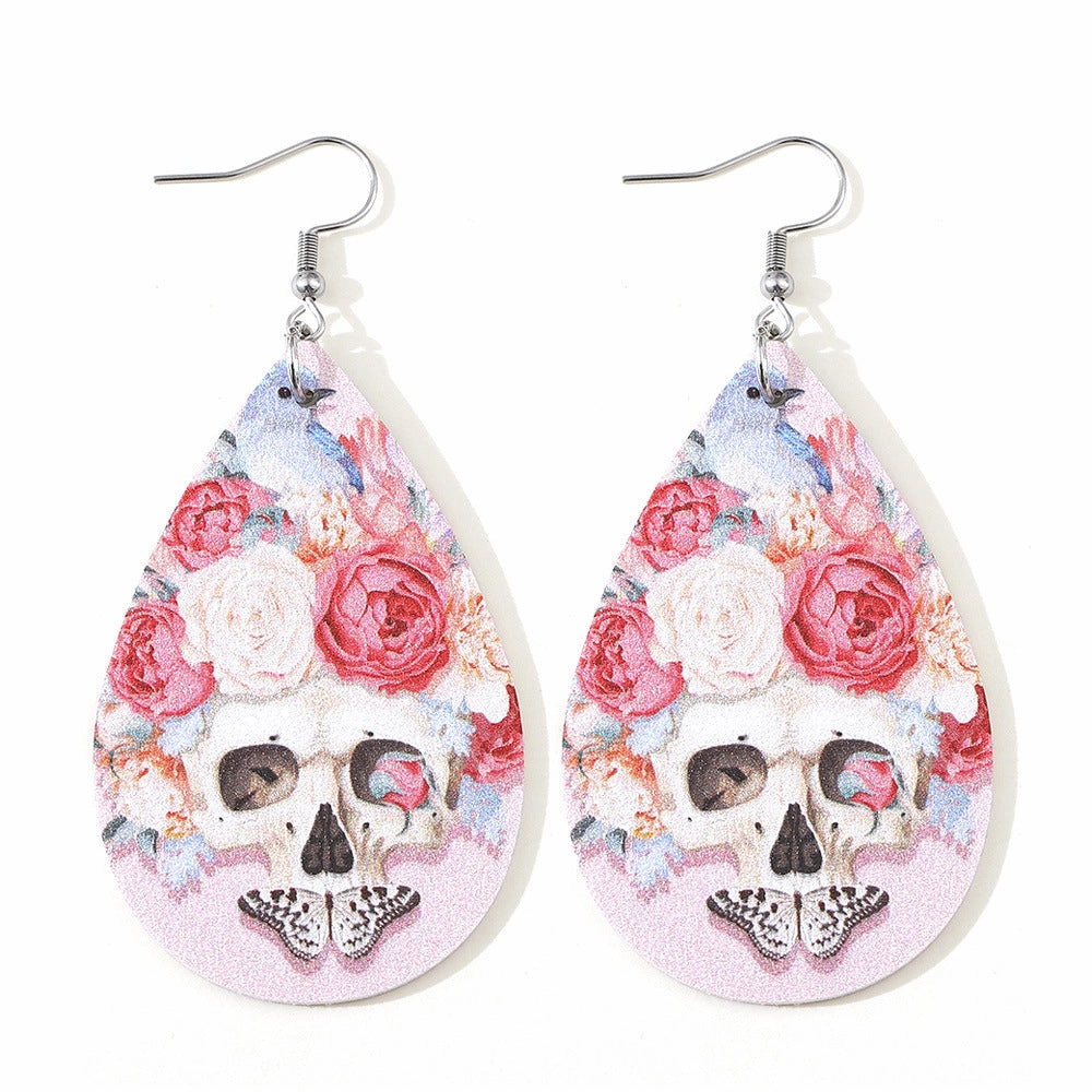 Wholesale Pink Rose Flower Butterfly Skull Earrings Double Sided PU Leather Water Drop Earrings