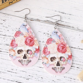 Wholesale Pink Rose Flower Butterfly Skull Earrings Double Sided PU Leather Water Drop Earrings