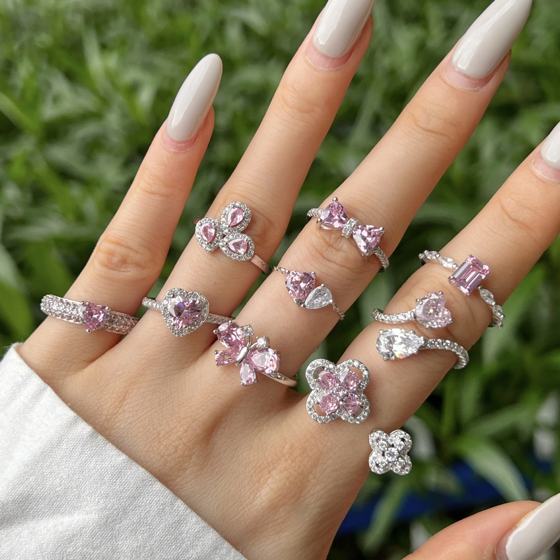 Wholesale Pink Series S925 Sterling Silver Love Butterfly Four-Leaf Clover Zircon Ring