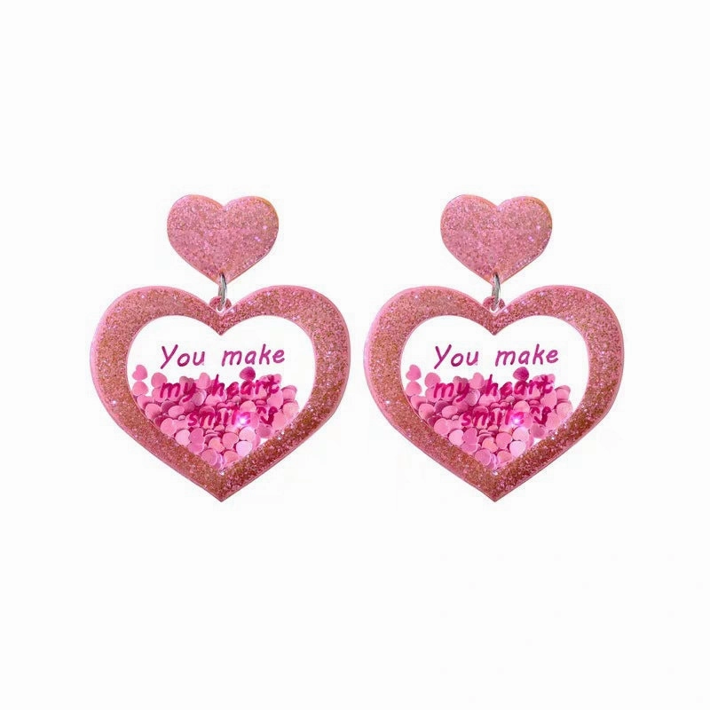 Wholesale Pink Valentine's Day Love Acrylic sequins Flowing Sand Peach Heart Sweetheart Spicy Girl Earrings