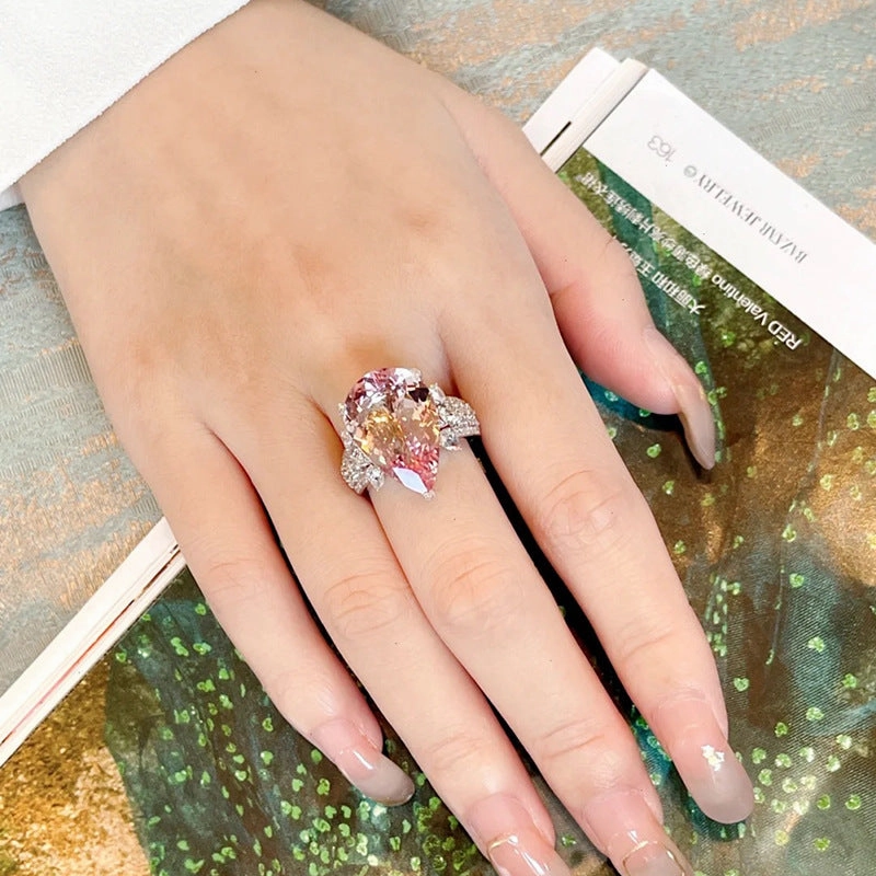 Wholesale Pink Water Droplet Shaped Full Diamond Copper Rings