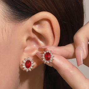 Wholesale Pink Zircon Sunflower Full Diamond Gemstone Flower Alloy Earrings