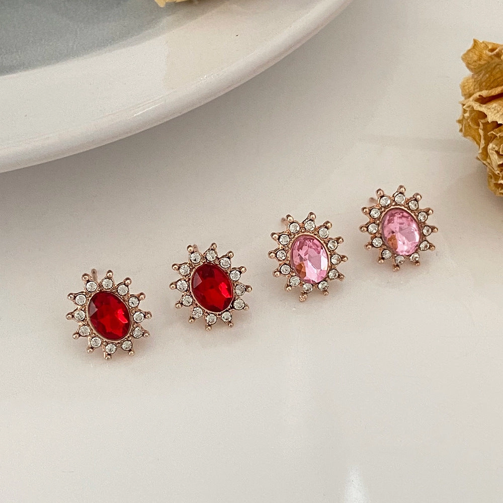 Wholesale Pink Zircon Sunflower Full Diamond Gemstone Flower Alloy Earrings