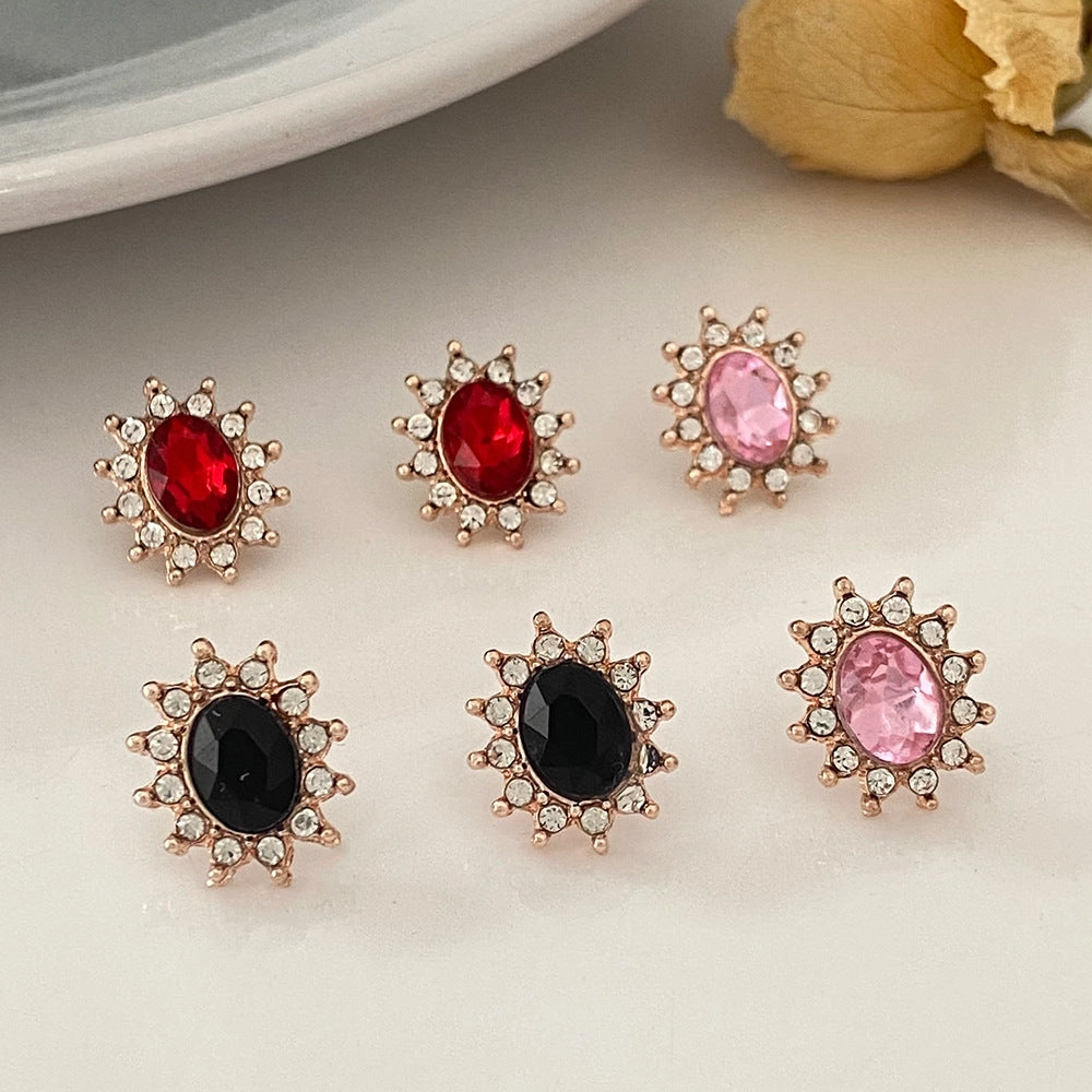 Wholesale Pink Zircon Sunflower Full Diamond Gemstone Flower Alloy Earrings