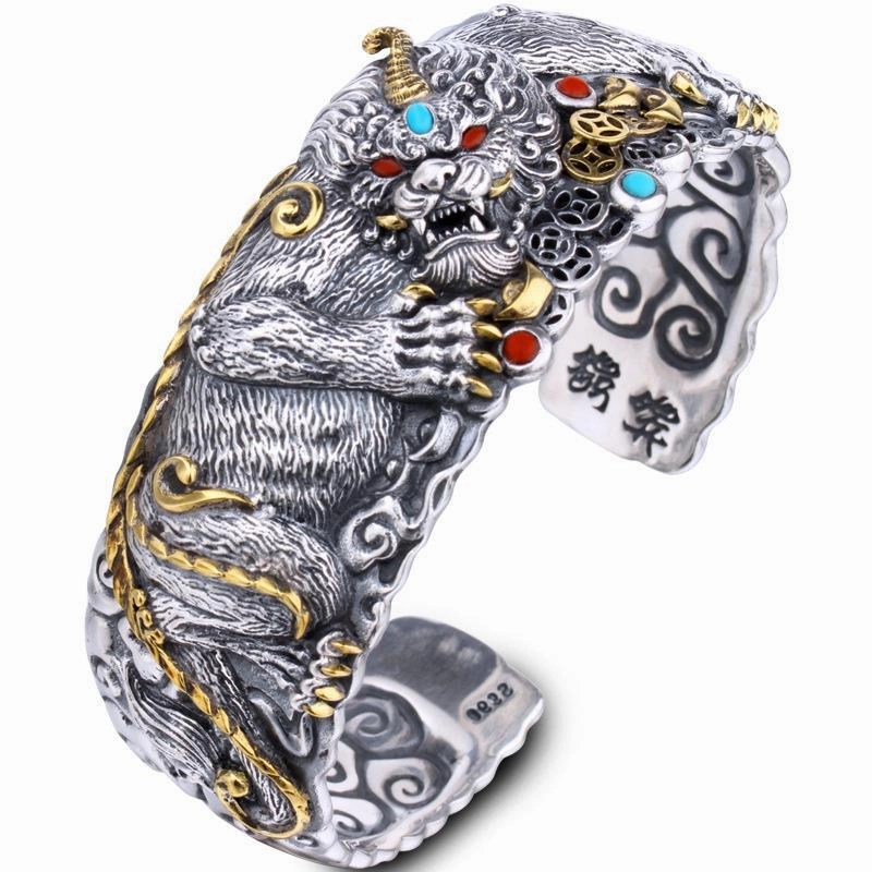 Wholesale Pixiu Wide Version Hand-Carved Rich Opening Metal Bracelet