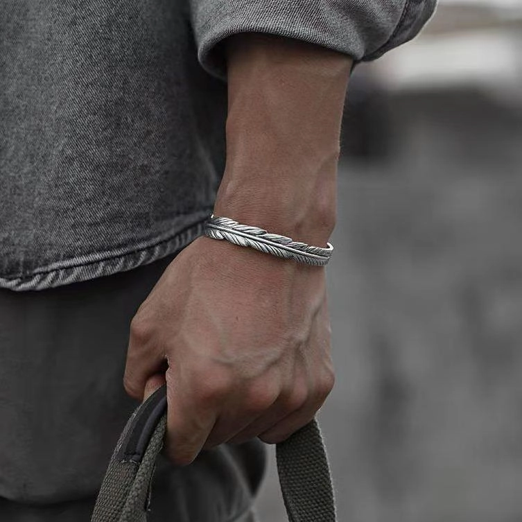 Wholesale Plain Silver Feather Men's Bracelet
