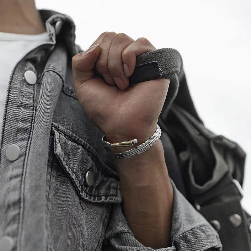 Wholesale Plain Silver Feather Men's Bracelet