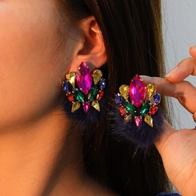 Wholesale Plush Ball Colorful Rhinestone Earrings