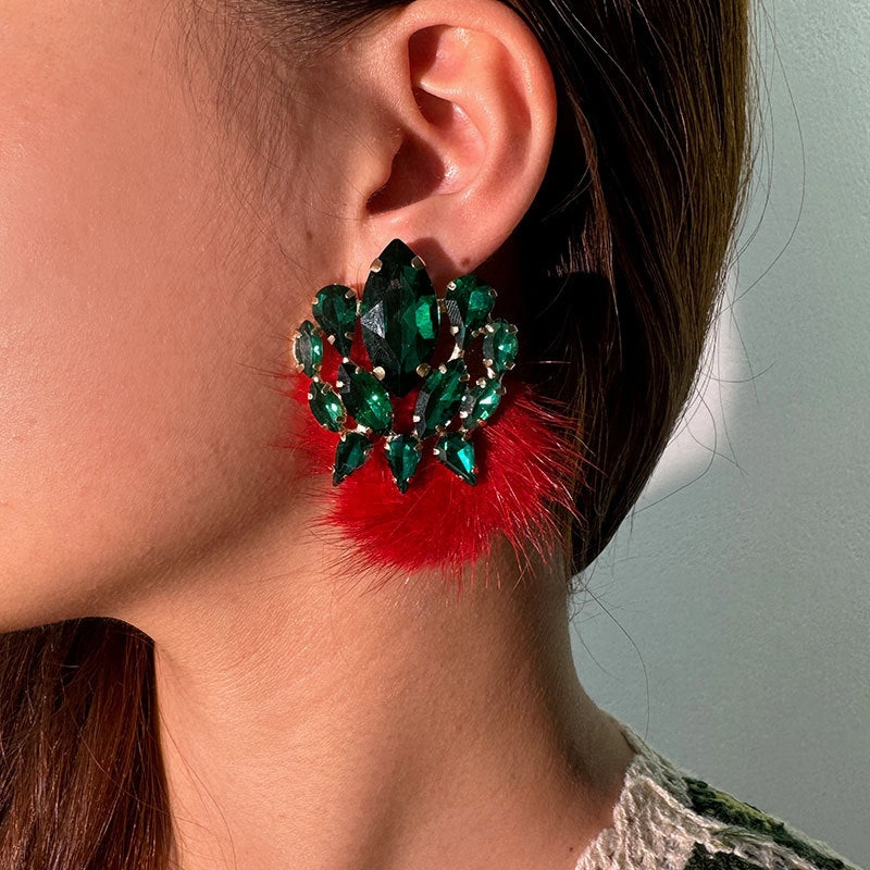 Wholesale Plush Ball Colorful Rhinestone Earrings