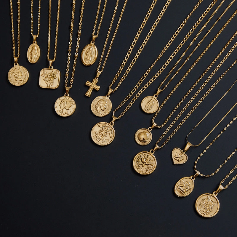 Wholesale Portrait Coin Cross Peach Heart Vintage Necklace
