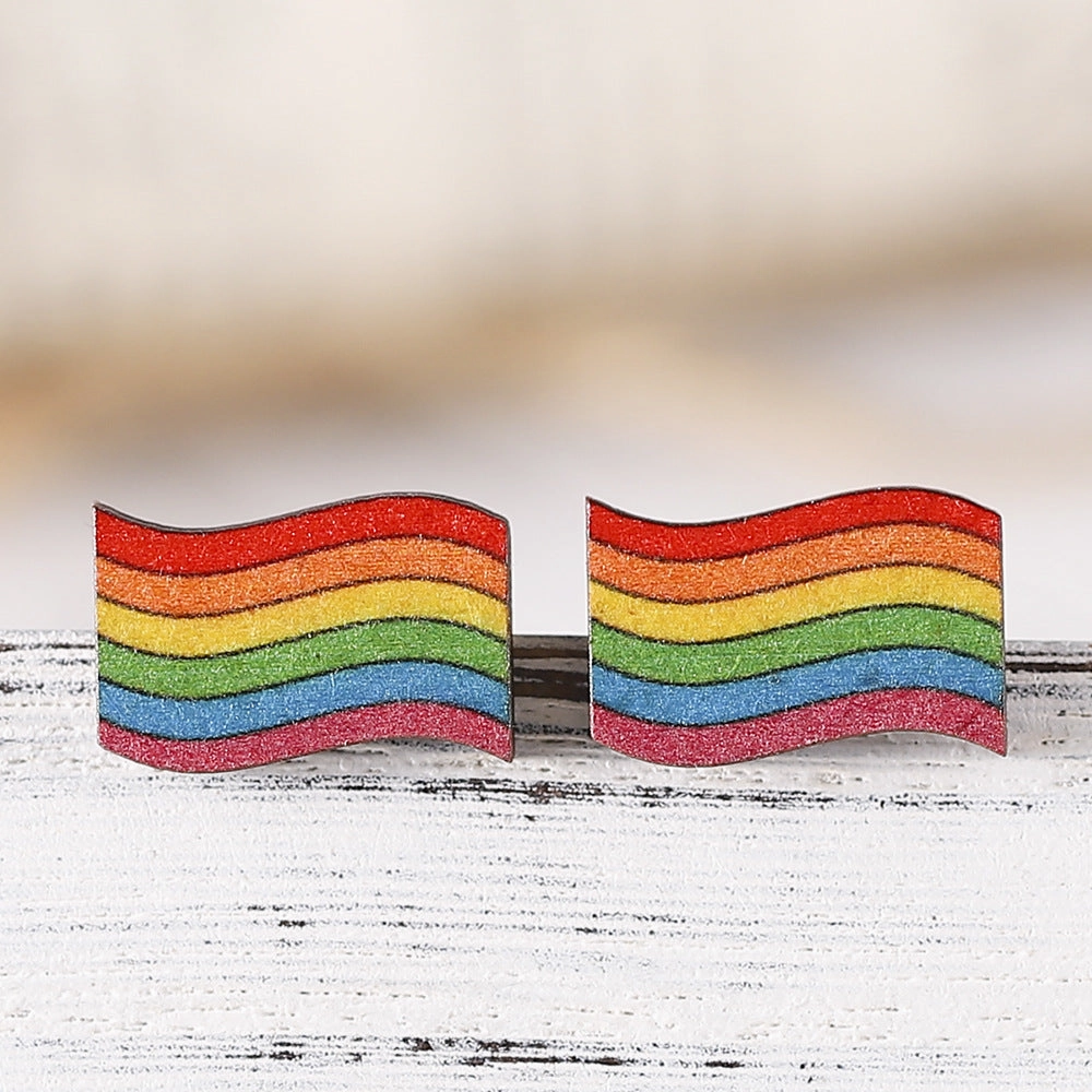 Wholesale Pride Month Rainbow Gay Star Heart Flag Wooden Earrings