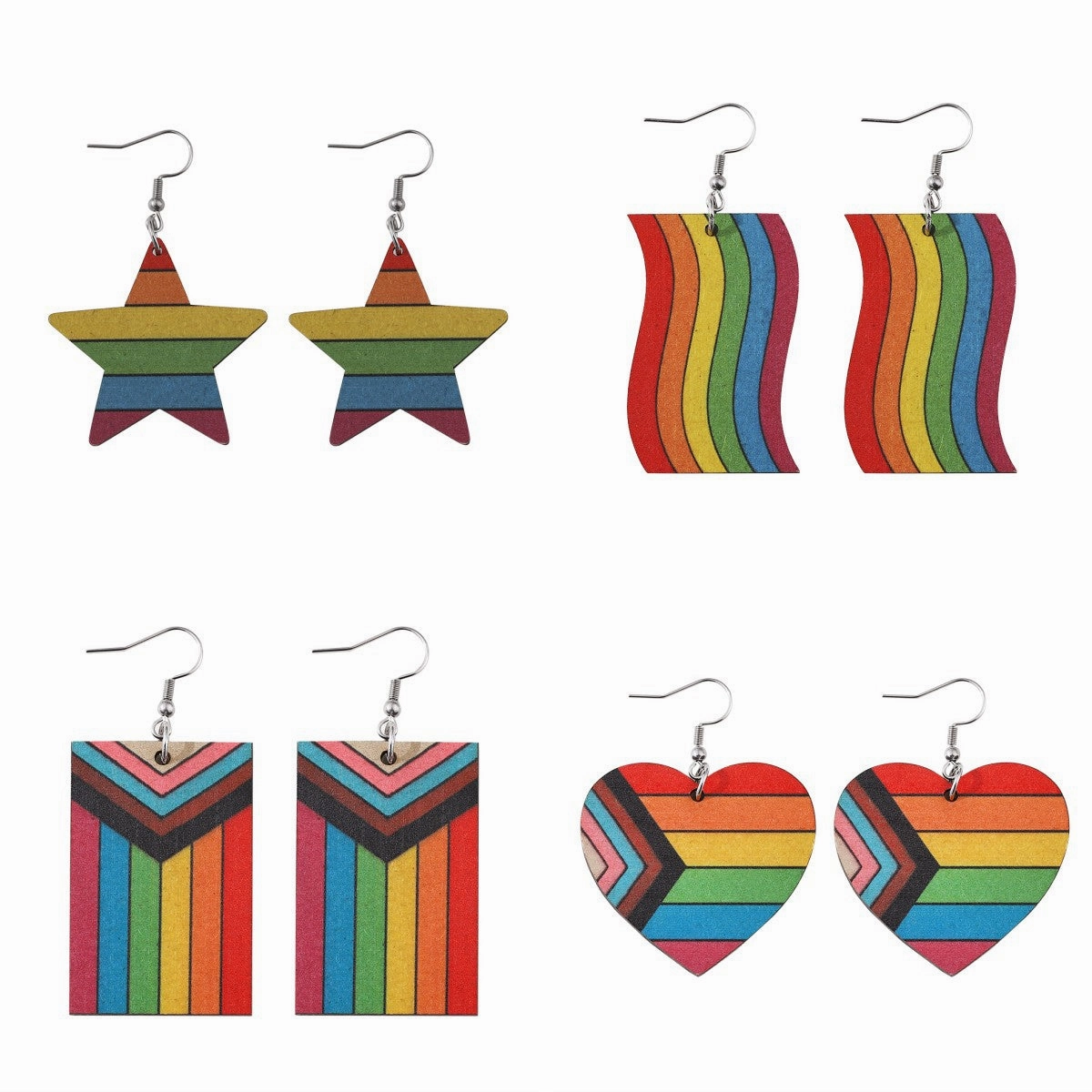 Wholesale Pride Month Rainbow Gay Stars Love Flag Wood Earrings