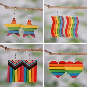 Wholesale Pride Month Rainbow Gay Stars Love Flag Wood Earrings
