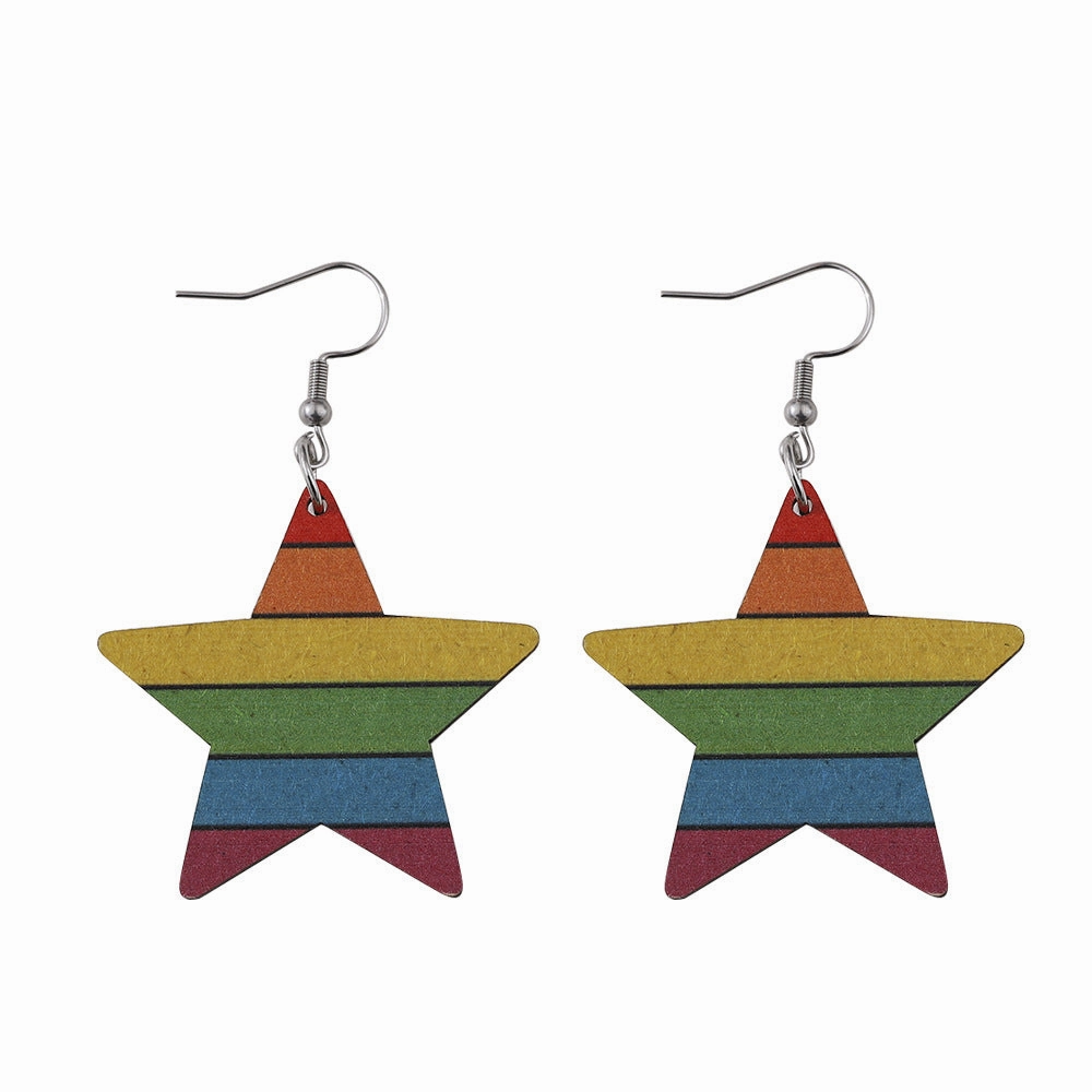 Wholesale Pride Month Rainbow Gay Stars Love Flag Wood Earrings