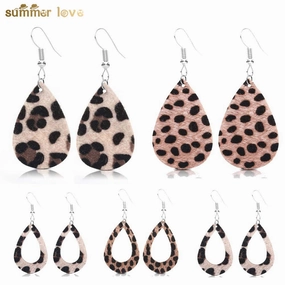 Wholesale PU Leopard Print Water Droplets Earrings
