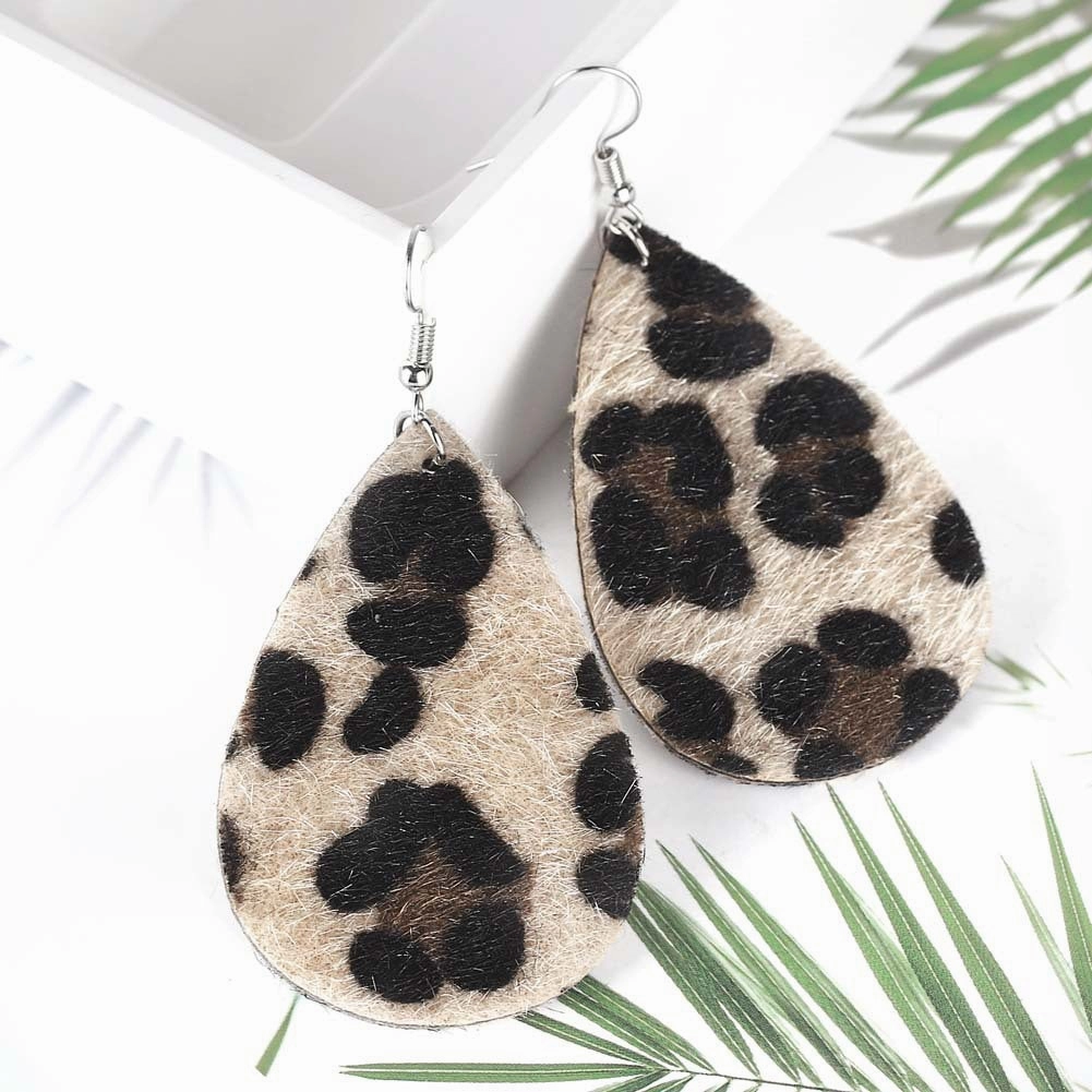 Wholesale PU Leopard Print Water Droplets Earrings