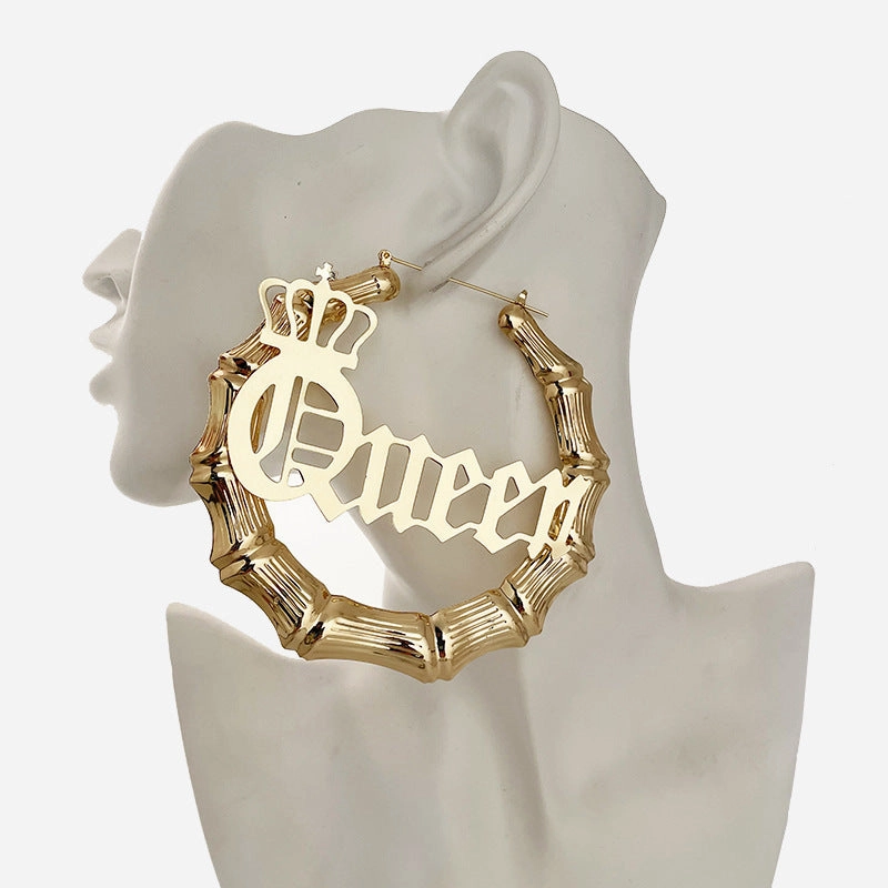 Wholesale Punk English Alphabet Queen Slub Round Metal Earrings