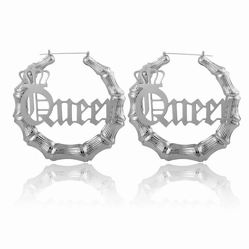 Wholesale Punk English Alphabet Queen Slub Round Metal Earrings