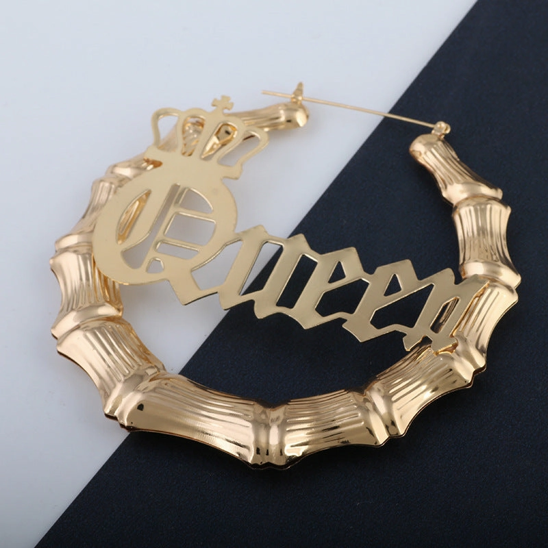 Wholesale Punk English Alphabet Queen Slub Round Metal Earrings