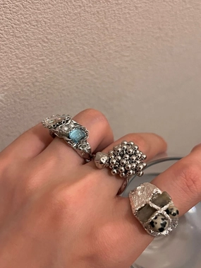 Wholesale Punk style metal texture retro blue crystal inlaid open ring