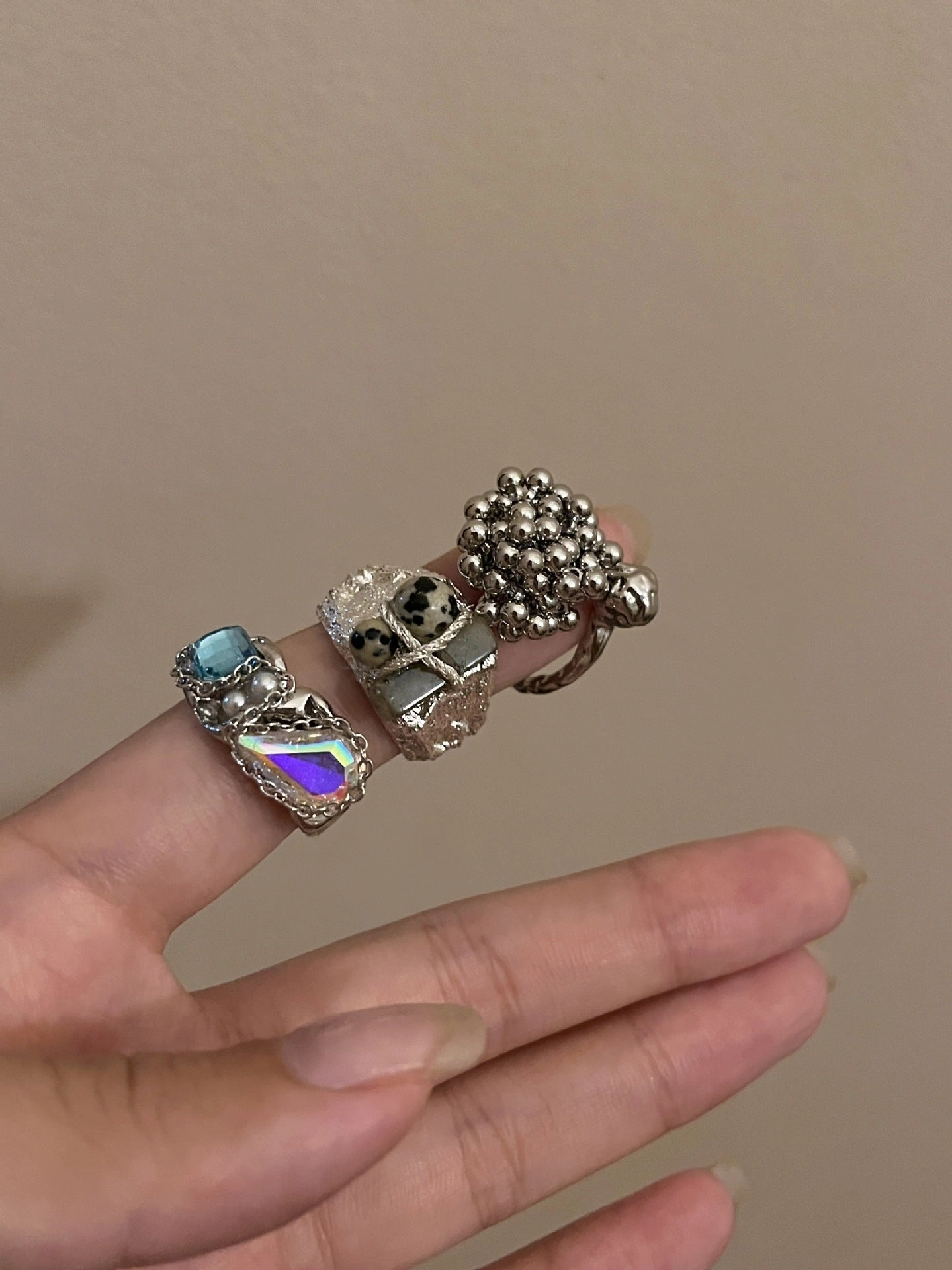 Wholesale Punk style metal texture retro blue crystal inlaid open ring