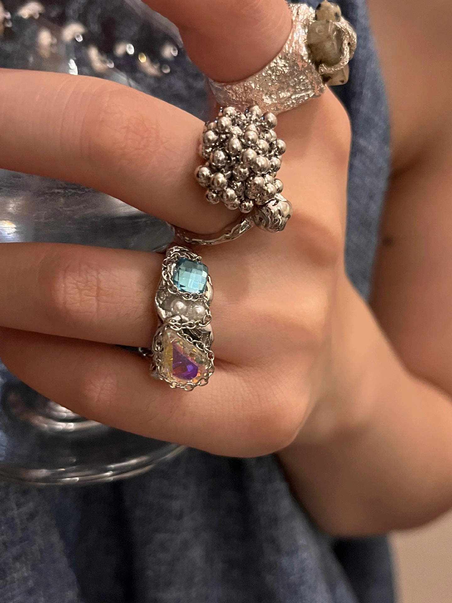 Wholesale Punk style metal texture retro blue crystal inlaid open ring