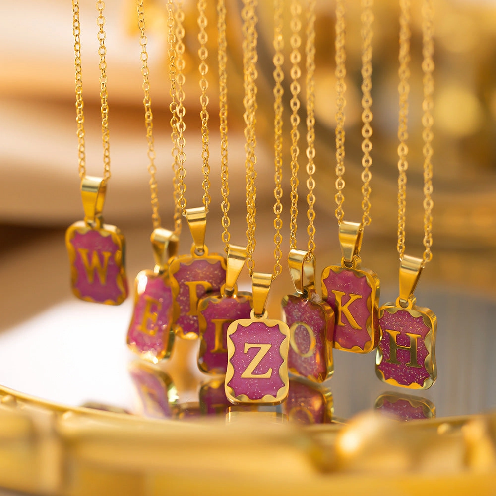 Wholesale Purple Small Square Brand Pendant Titanium Steel Necklace