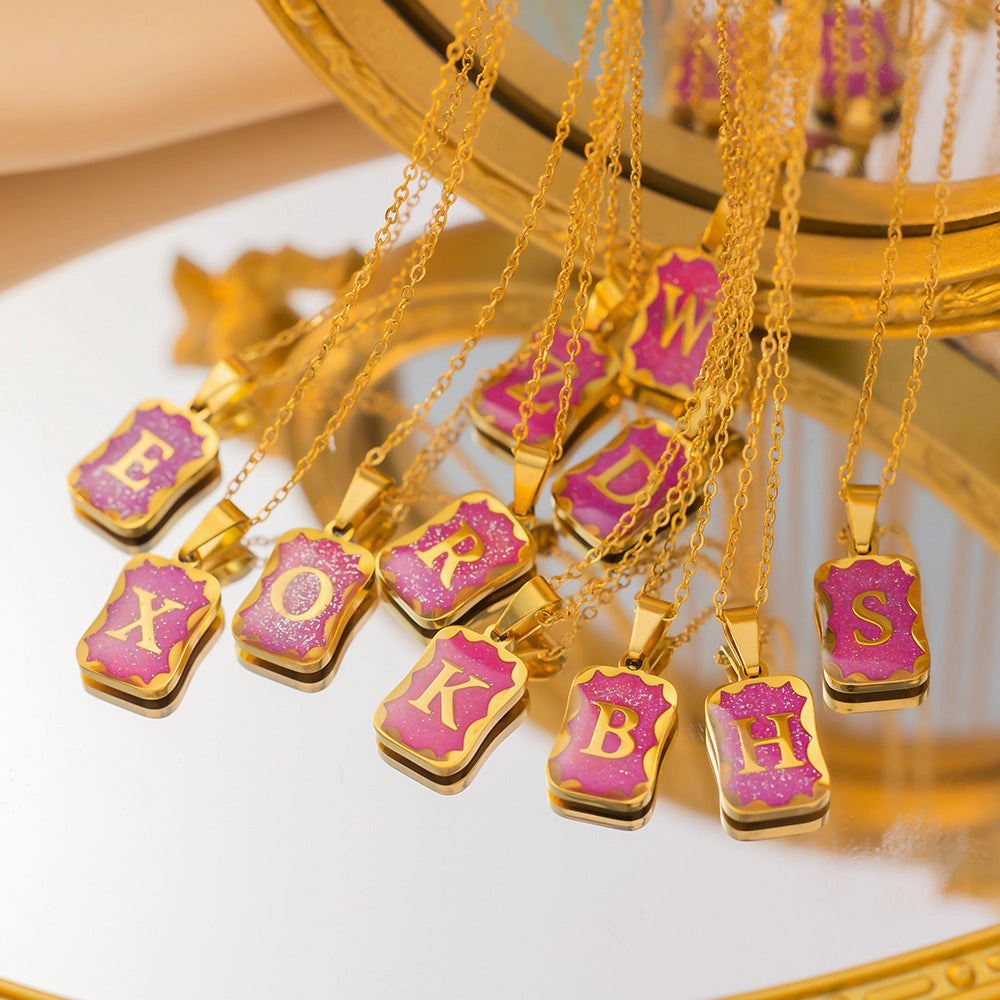 Wholesale Purple Small Square Brand Pendant Titanium Steel Necklace