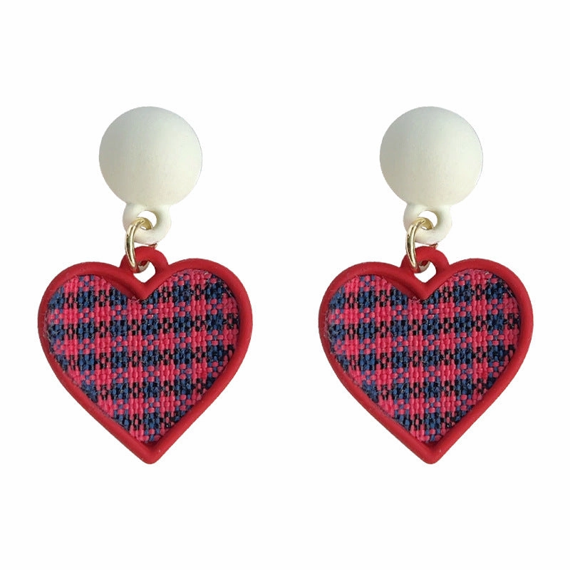 Wholesale Qianniao Grid Heart-shaped Fabric Earrings