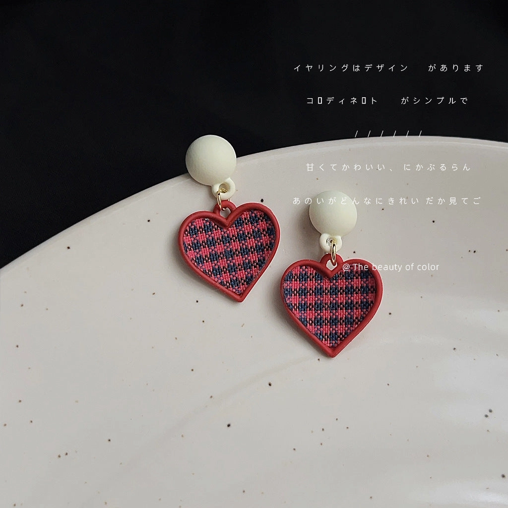 Wholesale Qianniao Grid Heart-shaped Fabric Earrings