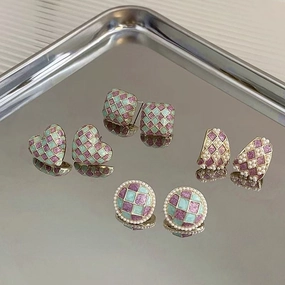 Wholesale Quicksand Pearl Purple Checkerboard Alloy Ear Studs