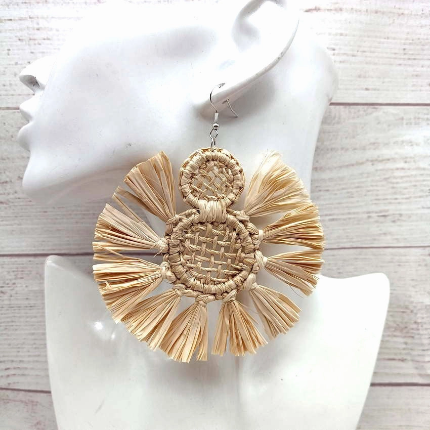 Wholesale Raffia Handwoven Round Tassel Pendant Alloy Earrings