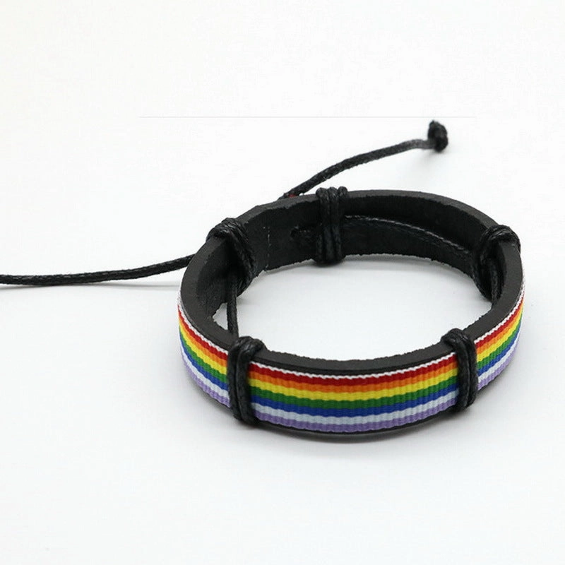 Wholesale Rainbow Blue White Red Leather Hand Woven Bracelet