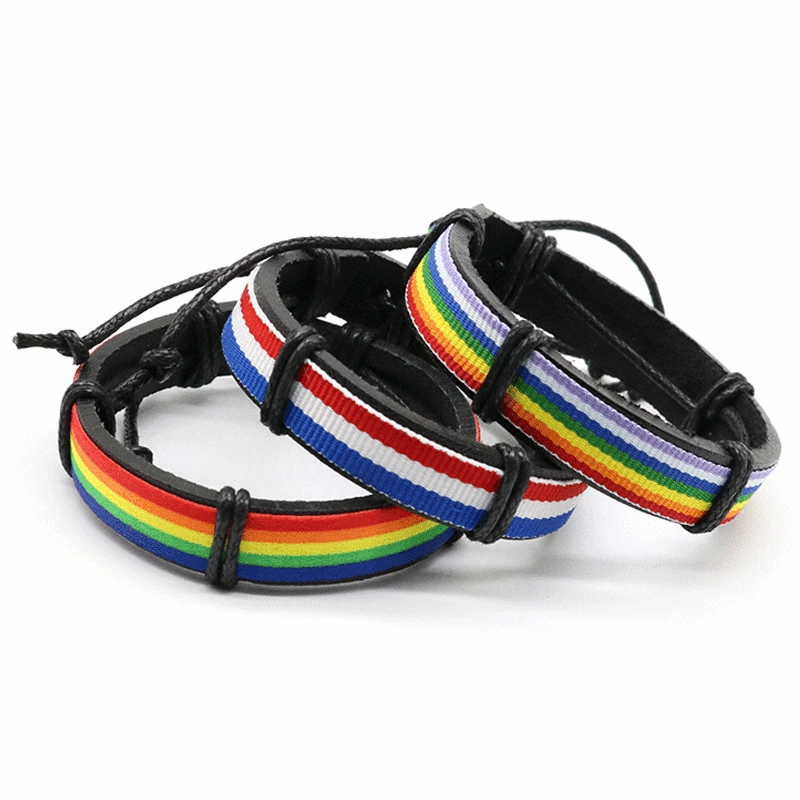 Wholesale Rainbow Blue White Red Leather Hand Woven Bracelet