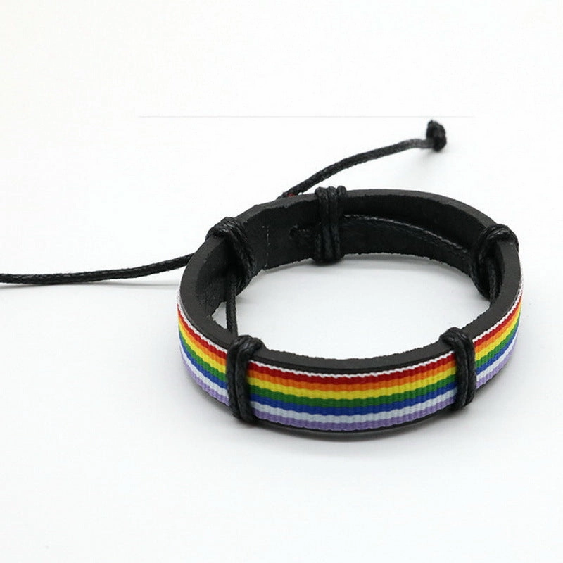 Wholesale Rainbow Blue White Red Leather Hand Woven Bracelet