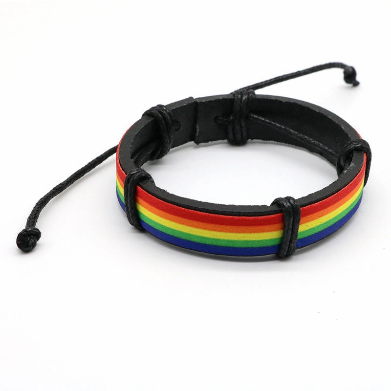 Wholesale Rainbow Blue White Red Leather Hand Woven Bracelet