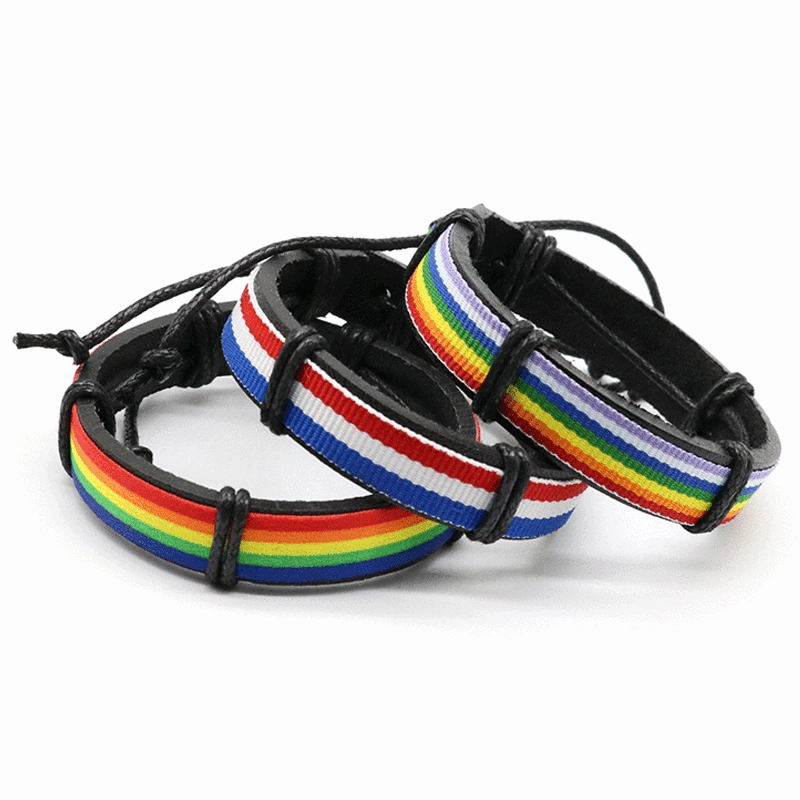 Wholesale Rainbow Blue White Red Leather Hand Woven Bracelet