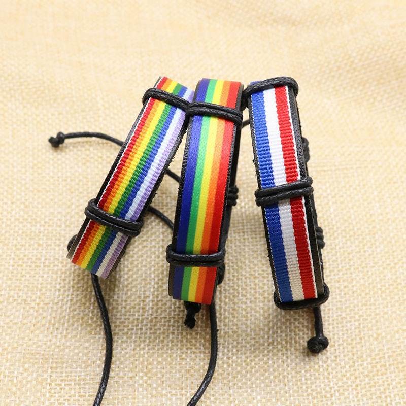 Wholesale Rainbow Blue White Red Leather Hand Woven Bracelet