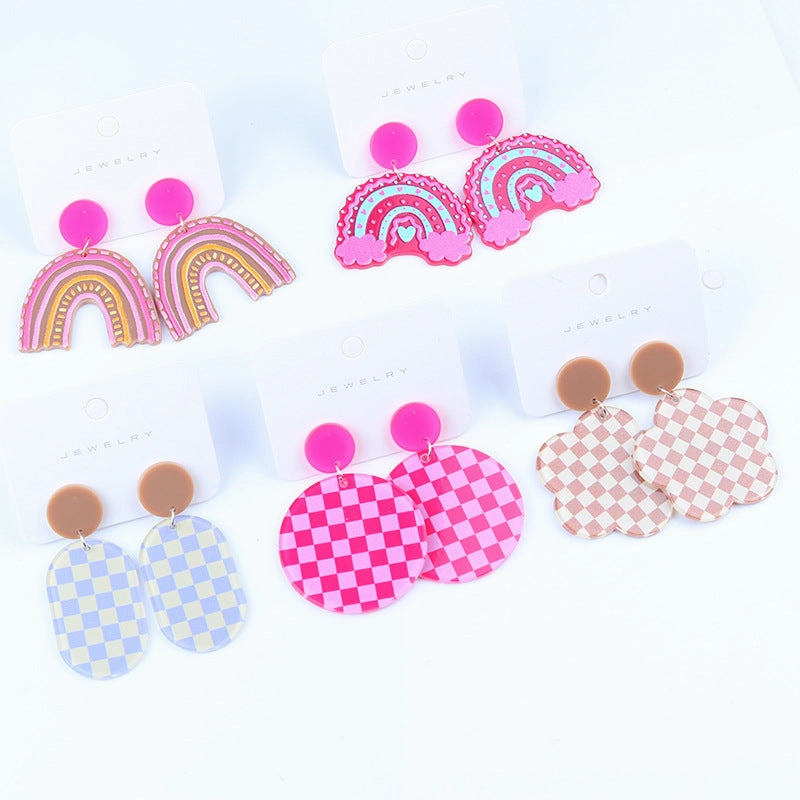 Wholesale Rainbow Checkerboard Geometric Stud Earrings