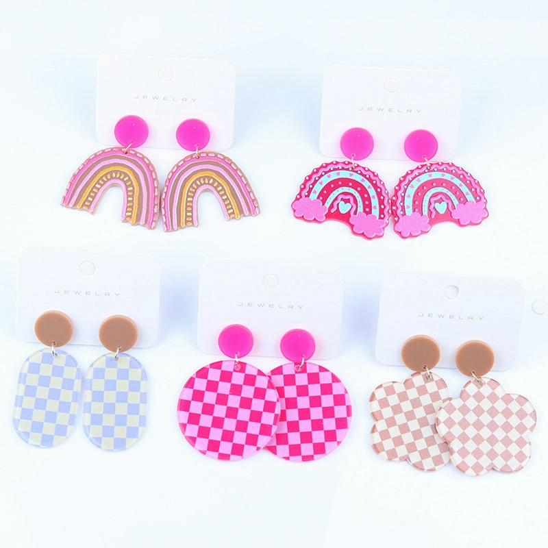 Wholesale Rainbow Checkerboard Geometric Stud Earrings
