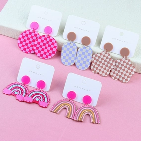Wholesale Rainbow Checkerboard Geometric Stud Earrings