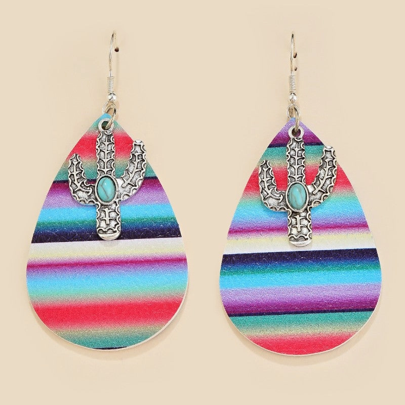 Wholesale Rainbow Color Double Sided Leather Alloy Cactus Droplet Leather Earrings