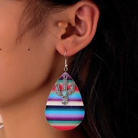 Wholesale Rainbow Color Double Sided Leather Alloy Cactus Droplet Leather Earrings