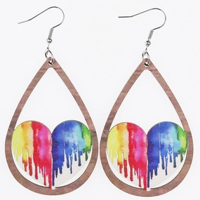 Wholesale Rainbow Color Hollow Love Drop Shape Wood Earrings