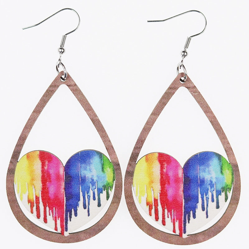 Wholesale Rainbow Color Hollow Love Drop Shape Wood Earrings