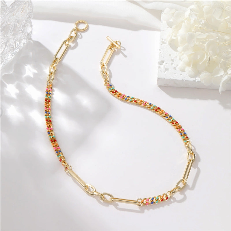 Wholesale Rainbow Cuban Chain Stitching Gold Plated Necklace Clavicle Chain
