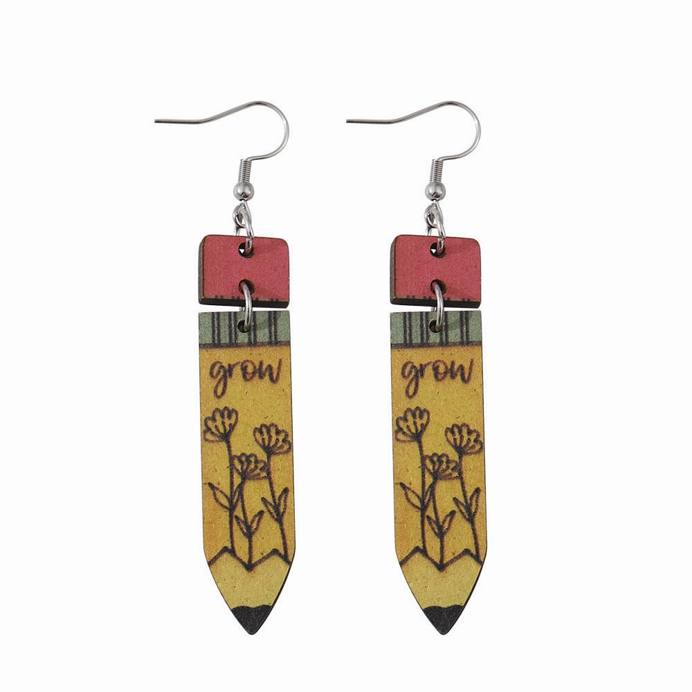 Wholesale Rainbow Pencil Double Sided Wooden Student Teacher Earrings