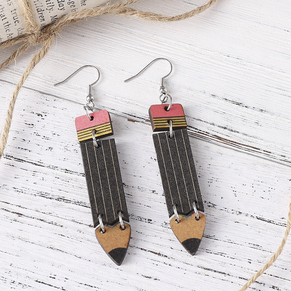 Wholesale Rainbow Pencil Double Sided Wooden Student Teacher Earrings