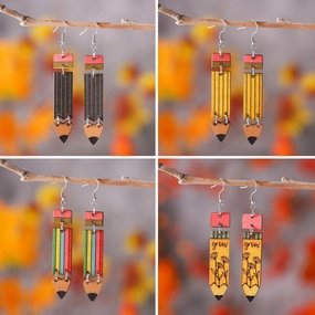 Wholesale Rainbow Pencil Double Sided Wooden Student Teacher Earrings