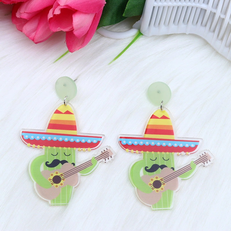 Wholesale Rainbow Pony Playing Guitar Cactus Acrylic Earrings